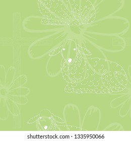 Seamless Pattern Background with Christianity Religious Symbols such as Lamb and Cross made in Doodle Style. Delicate Seamless Pattern for Easter Holidays and other Purposes.