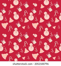 Seamless pattern background of christmas activities, snowman and santa hat pattern gift wrap, candy, gift boxes, winter new year party illustration vector.