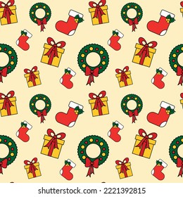 Patrón y fondo sin inconvenientes. Navidad. Fondo de luz vectorial con regalos, medias navideñas y coronas advenedizas