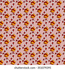Seamless pattern background with Christmas presents and candy. Merry Christmas and Happy New Year. Vector illustration.