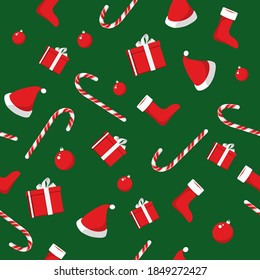 Seamless pattern background with Christmas stocking socks, Christmas hats, candy canes, Christmas balls and gift boxes decoration