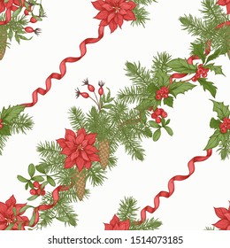 Seamless pattern, background. Christmas wreath of spruce, pine, poinsettia.  Color vector illustration.