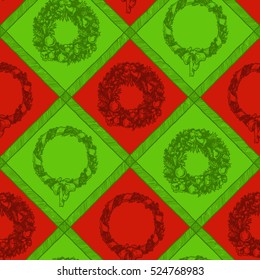 Seamless pattern background with Christmas wreath. illustration in ink hand drawn style. Red and green traditional colors.