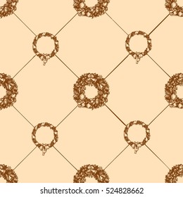 Seamless pattern background with Christmas wreath. illustration in ink hand drawn style. 