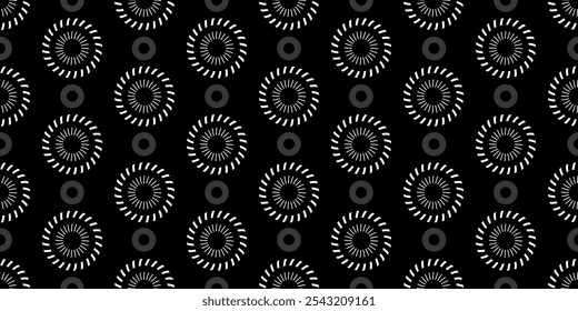 Plano de fundo de padrão contínuo de círculos. Preto, branco, monocromático, tampa. Vetor