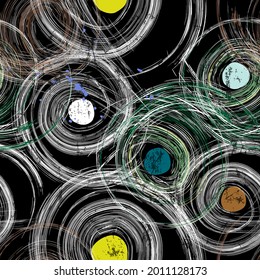 seamless pattern background, with circles, dots, swirls, paint strokes and splashes