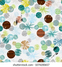 seamless pattern background, with circles, strokes and splashes, retro style