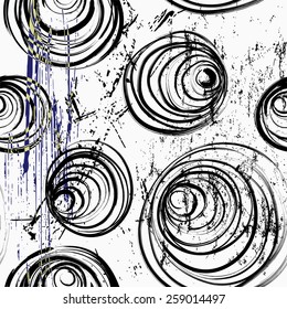 seamless pattern background, with circles, strokes and splashes, black and white