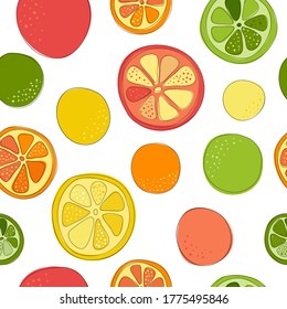 Seamless pattern background with citrus fruits. Vector lemon, lime, orange, grapefruit in the style of hand drawn illustration or sketch. cut ripe pieces.