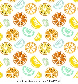 Seamless pattern background with citrus fruits. Lime, grapefruit, tangerine, lemon, orange. Hand drawn vector stamp pattern illustration. Citrus on white backdrop. Segments of exotic fruit pattern.