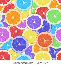 Seamless pattern background citrus. Wallpaper fruit. Vector tropical delicious. Sliced of lemon, orange and grapefruit.
