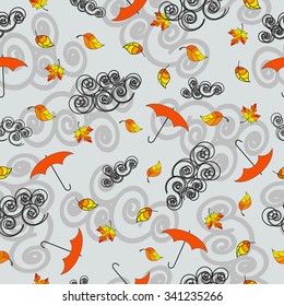 Seamless pattern background with clouds, umbrellas and autumn leaves. Vector illustration.