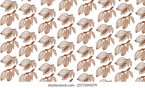 seamless pattern background with cocoa beans. Cocoa branch vector seamless pattern. Hand drawn sketch. Seamless pattern of cocoa, Chocolate cocoa beans background 