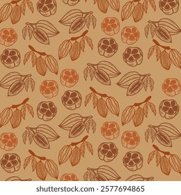 seamless pattern background with cocoa beans. Cocoa branch vector seamless pattern. Hand drawn sketch. Repeating background for wallpaper. Seamless pattern of nuts. Chocolate cocoa beans background 