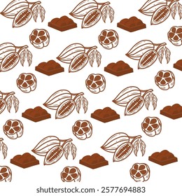 seamless pattern background with cocoa beans. Cocoa branch vector seamless pattern. Hand drawn sketch. Repeating background for wallpaper. Seamless pattern of nuts. Chocolate cocoa beans background 