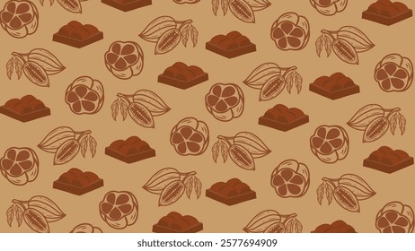 seamless pattern background with cocoa beans. Cocoa branch vector seamless pattern. Hand drawn sketch. Repeating background for wallpaper. Seamless pattern of nuts. Chocolate cocoa beans background 