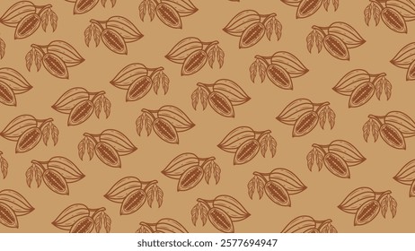 seamless pattern background with cocoa beans. Cocoa branch vector seamless pattern. Hand drawn sketch. Repeating background for wallpaper. Seamless pattern of nuts. Chocolate cocoa beans background 