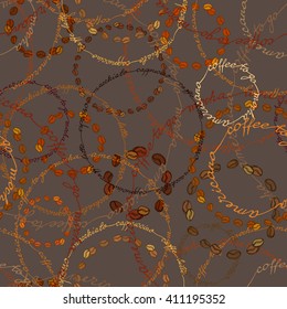 Seamless pattern background. Coffee beans circles  calligraphy circles. Espresso, cappuccino, americano calligraphy handwritten texture, fabric packaging, wrapping paper, menu, cafeteria.