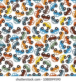 Seamless pattern background with color cartoon car. Toy transport vector illustration. Coloring cute automobile.