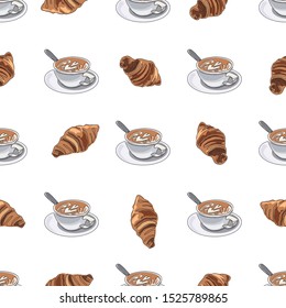 Seamless pattern background. Colored continuous line drawing of cup of coffee or cappuccino with croissants.