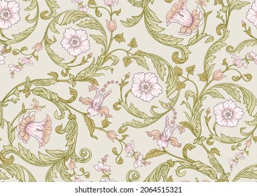Seamless Pattern, Background. Colored Vector Illustration. In Baroque, Rococo, Victorian, Renaissance Medieval Style. In Decorative Style. Ethnic Patterned Ornate Hand Drawn.