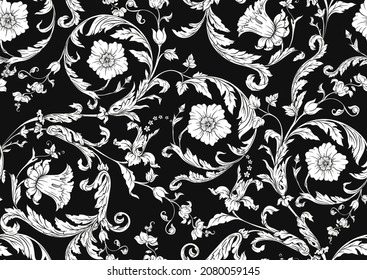 Seamless pattern, background. Colored vector illustration. In baroque, rococo, victorian, renaissance medieval style. In decorative style. Ethnic patterned ornate hand drawn.