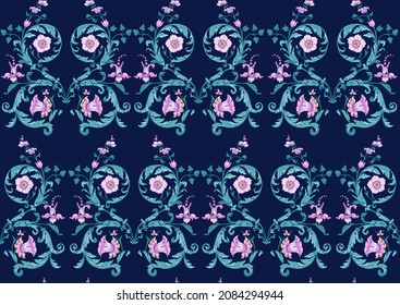 Seamless pattern, background. Colored vector illustration. In baroque, rococo, victorian, renaissance style. In decorative style. Ethnic patterned ornate hand drawn.