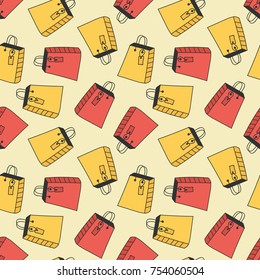 Seamless pattern background with colorful doodle, hand drawn shopping bags.