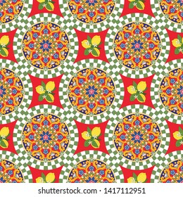 Seamless pattern background. Colorful ethnic round ornamental mandala with lemons. Bright texture. Vector illustration.