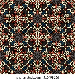 Seamless pattern background. Colorful flourish vector. Intricate luxury ornament. Dark color illustration. Decorative fabric print, furniture textile, wallpaper, pillow. Interior design element