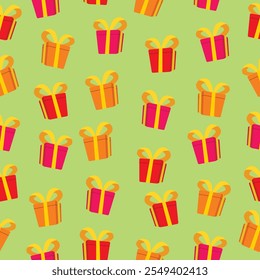 Seamless pattern background of colorful gift boxes with ribbon and bow. Vector illustration