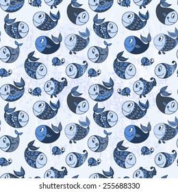 Seamless pattern background of colorful happy, smiling fish cartoons. Children seamless pattern with cartoon sea creatures