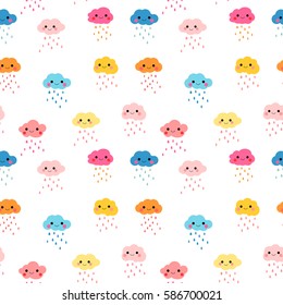 Seamless pattern background with colorful rainy clouds with smiles