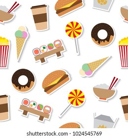 Seamless pattern background with colorful simple fast food stickers flat icons on white background vector illustration