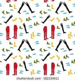 Seamless pattern background with colorful socks, stoking, hoses, tights. Series "5 Things": socks, stocking, hose, tights on a white background. 