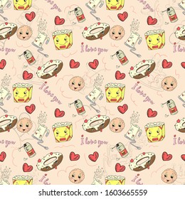 seamless pattern background of colorful stickers icons in Doodle style theme is festive food gifts home appliances kawaii background is isolated for decoration design vector EPS 10