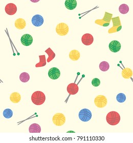 Seamless pattern background of colorful woolen balls of thread and knitting a pair of socks. Vector illustration, eps