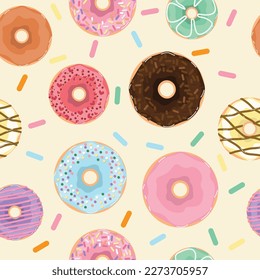 Seamless pattern background of colourful donut on soft yellow background