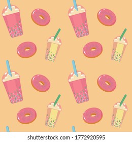 Seamless pattern background with cool cocktails in cute designed cup and donuts on summer colour background