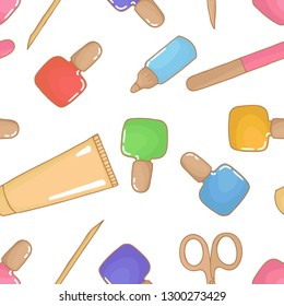 Seamless pattern background with cosmetic. Tools for manicure vector illustration. Wallpaper nail design.
