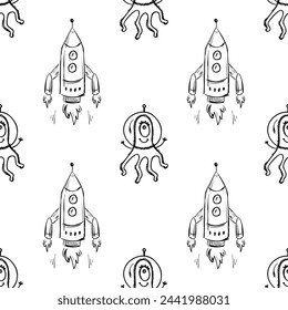 Seamless pattern. Background with cosmic objects. texture with hand drawn doodle spaceship and ufo. Rockets and aliens. Space collection. Black and white wallpaper, monochrome. vector illustration