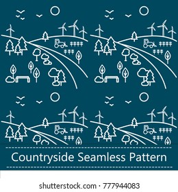 Seamless Pattern Background with Countryside Landscape. Nature Icons Set in Thin Line Style. Flat vector illustration.