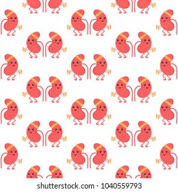 Seamless pattern background with couple of cartoon kidney characters doing sport, exercises.
