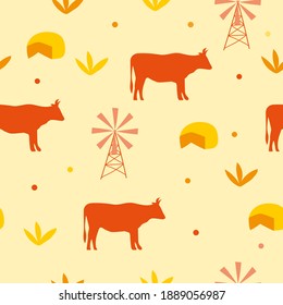 Seamless pattern background with cow and cheese - vector illustration in yellow and orange color.