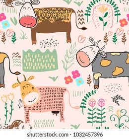 Seamless pattern background with cow. Vector illustration.