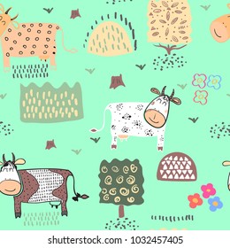 Seamless Pattern Background With Cow. Vector Illustration.