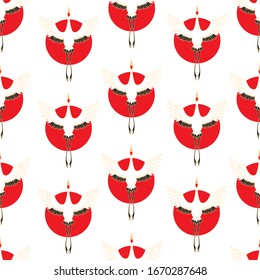 Seamless pattern, background with crane birds. Colored and outline design. Vector illustration.