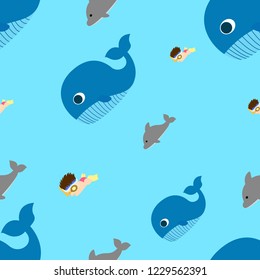 Seamless pattern background created by cute characters.
Characters are boy, dolphin and whale.