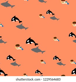 Seamless pattern background created by cute characters.
Killer whale and shark chasing a boy.