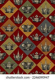 Seamless pattern background with crowns set in old engraving style with chess colorful ornament in dark red tones. Retro design elements. Vector illustration